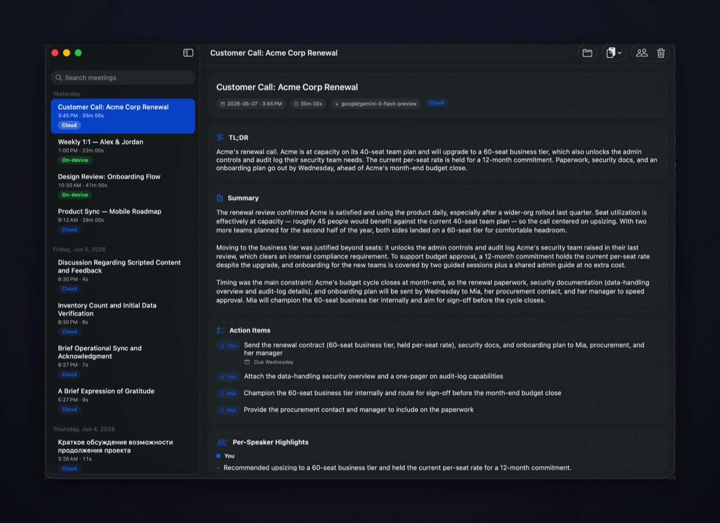 The History window — day-grouped meetings beside a transcript, summary, and action items.