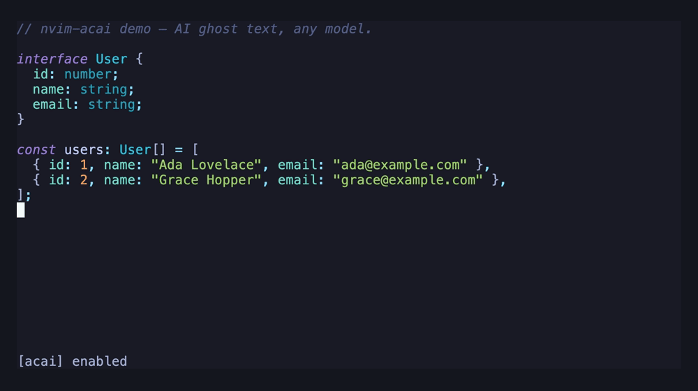 Ghost text appearing inline as you type, accepted with Tab.
